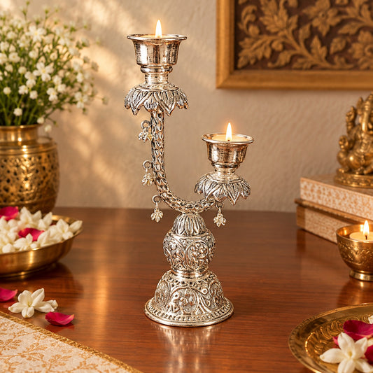 Handcrafted Antique German Silver Tealight Holder with Curved Arm and Engraved Base – Home Decor Showpiece