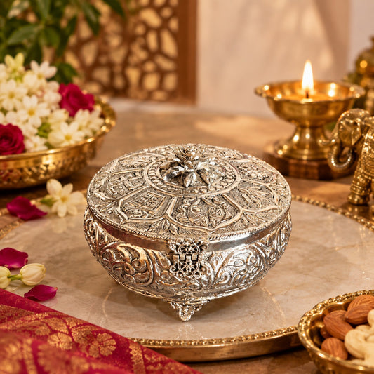 Handcrafted Antique German  Silver Dry Fruit Box with Lotus Knob and Footed Base – Diwali & Wedding Gift