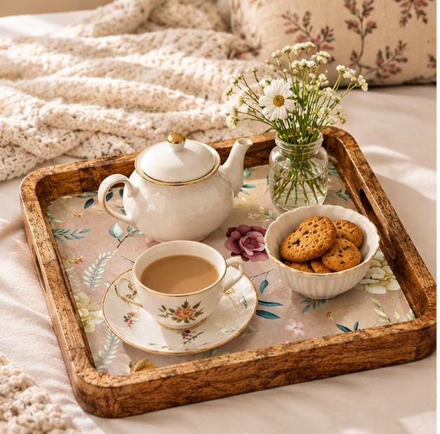 Handcrafted Wooden Serving Tray with Blue Floral Print – Square Mango Wood Tea Tray with Handles (Copy)