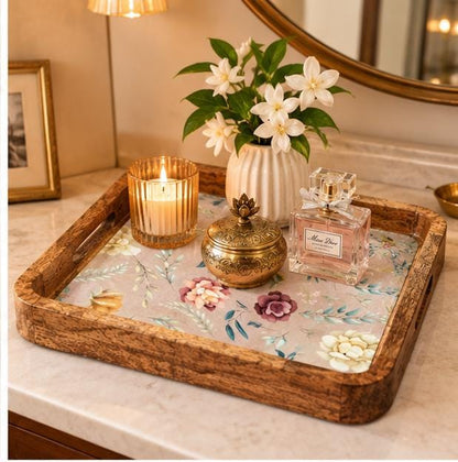 Handcrafted Wooden Serving Tray with Blue Floral Print – Square Mango Wood Tea Tray with Handles (Copy)