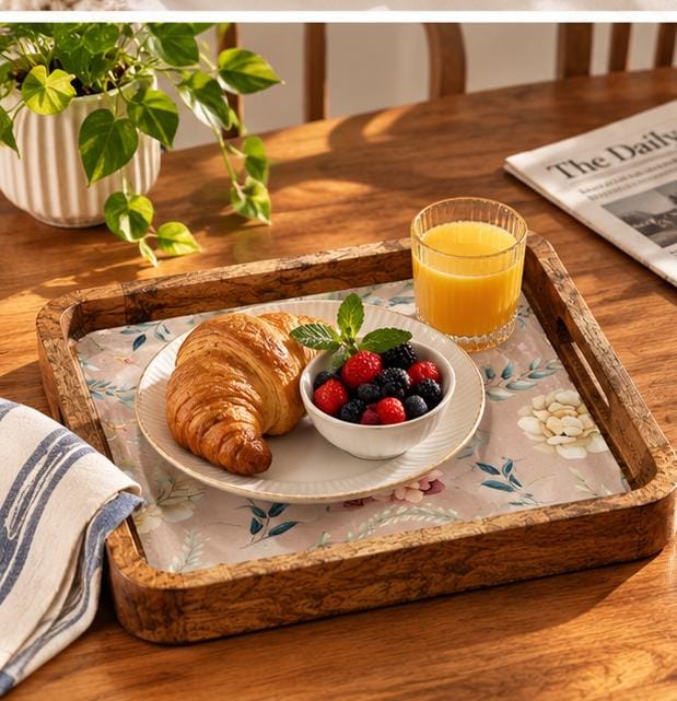 Handcrafted Wooden Serving Tray with Blue Floral Print – Square Mango Wood Tea Tray with Handles (Copy)