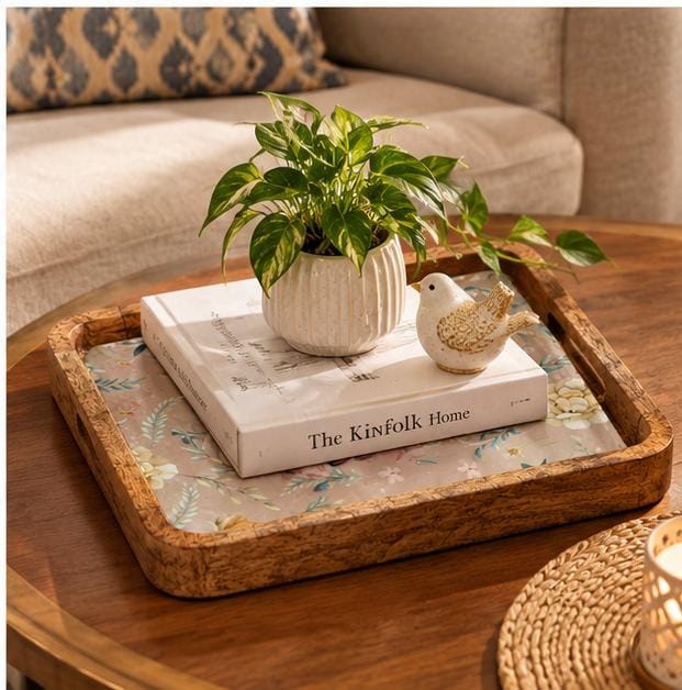Handcrafted Wooden Serving Tray with Blue Floral Print – Square Mango Wood Tea Tray with Handles (Copy)