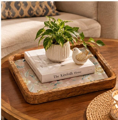 Handcrafted Wooden Serving Tray with Blue Floral Print – Square Mango Wood Tea Tray with Handles (Copy)
