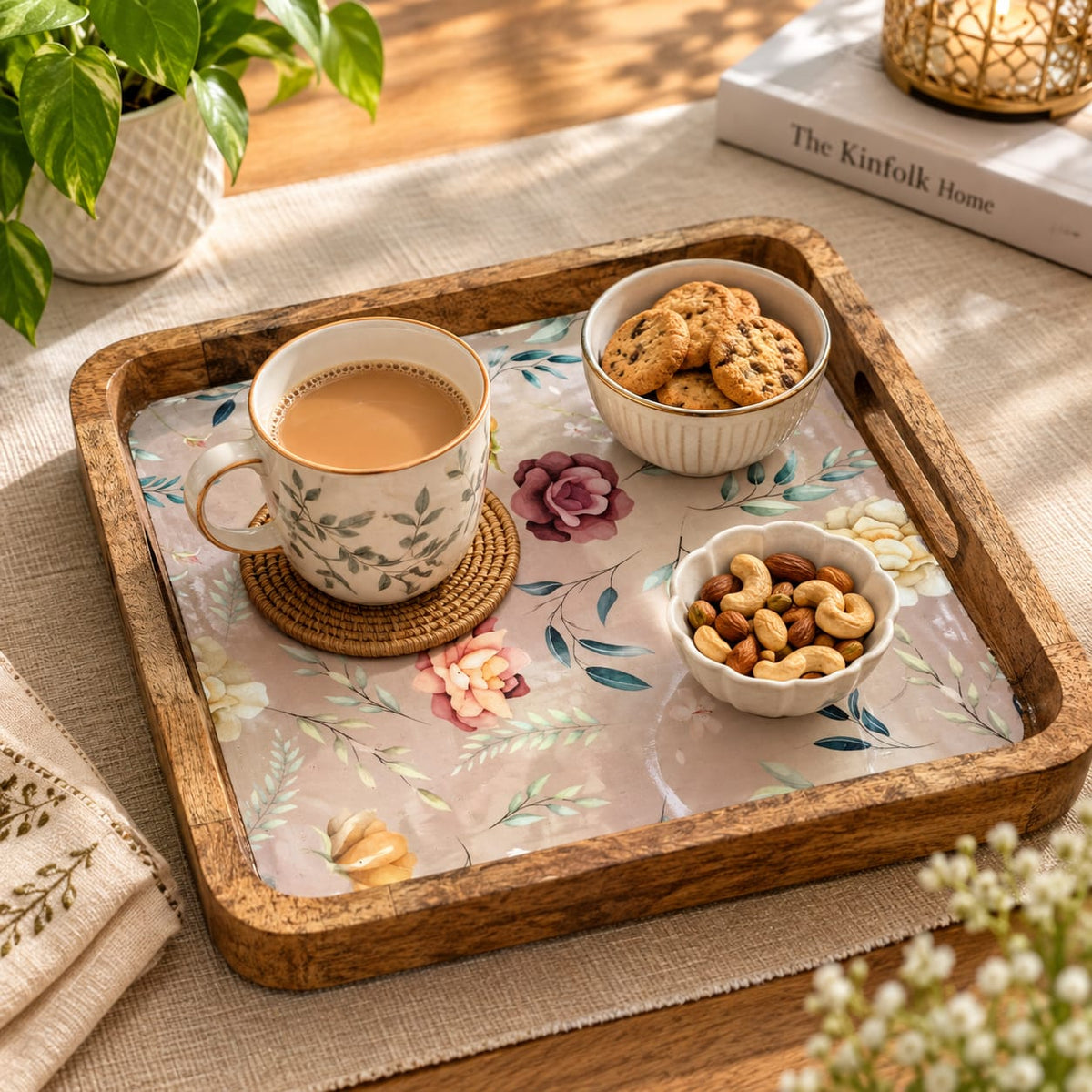 Handcrafted Wooden Serving Tray with Blue Floral Print – Square Mango Wood Tea Tray with Handles (Copy)