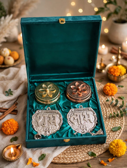 Shubh Labh Diwali Gift HamperSilver Plated Wall Hangings with Metal candles