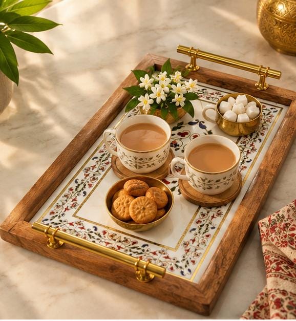 Handcrafted Wooden Serving Tray with  Brass Handles set of 2