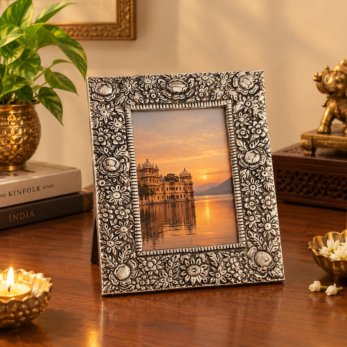 German Silver Photo Frame with Floral Carving – Vintage Oval Table Frame for Living Room & Gifts