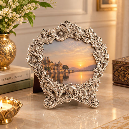 German Silver Photo Frame with Floral Carving – Vintage Oval Table Frame for Living Room & Gifts