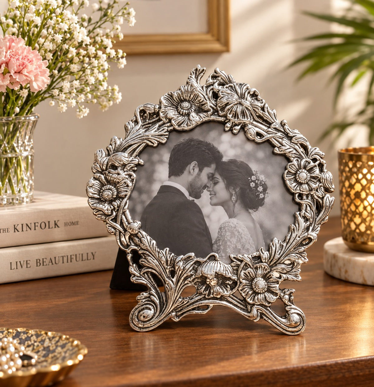 German Silver Photo Frame with Floral Carving – Vintage Oval Table Frame for Living Room & Gifts
