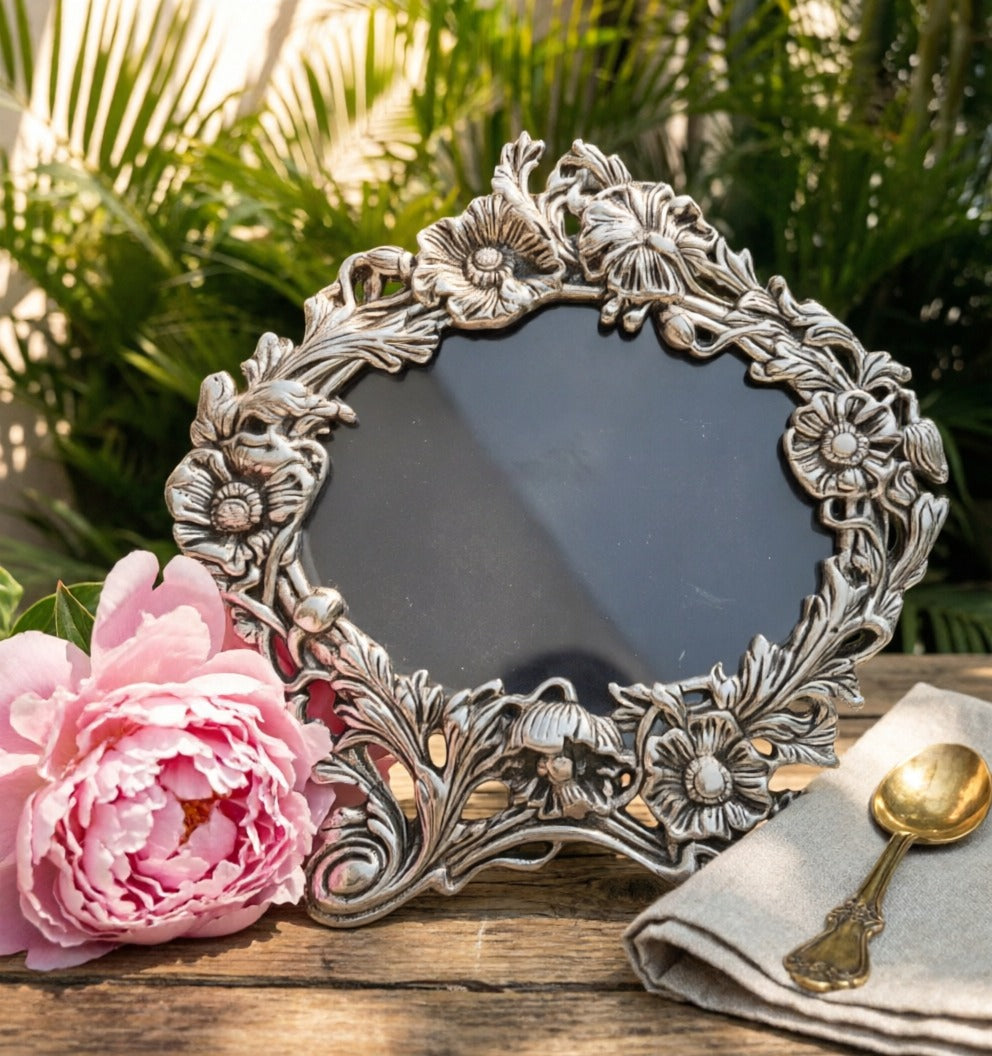 German Silver Photo Frame with Floral Carving – Vintage Oval Table Frame for Living Room & Gifts