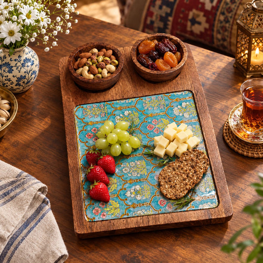 Wood Serving Tray with Floral Enamel Inlay & Snack Bowls: Charcuterie and Cheese Board