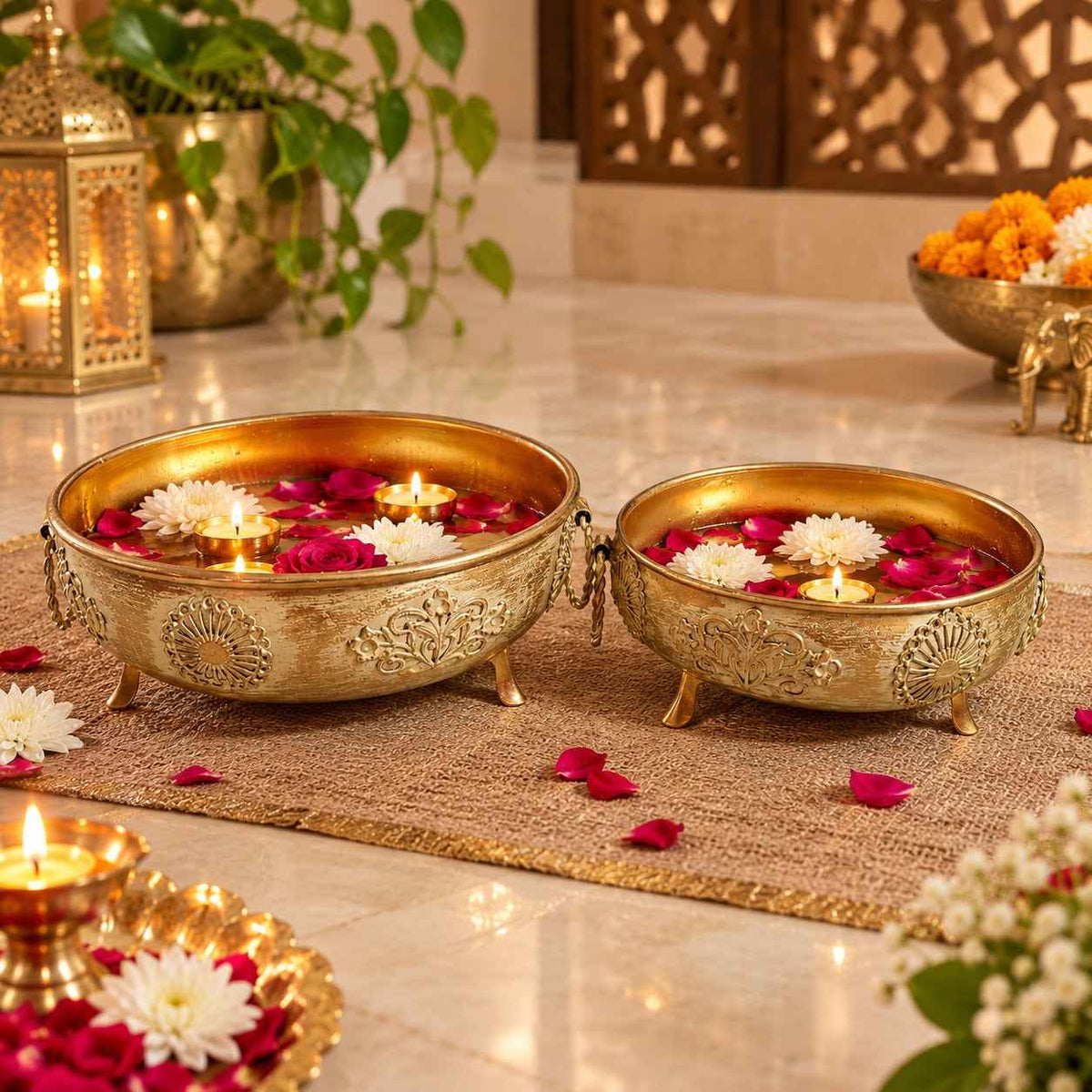 Antique Metal Urli Bowls, Set of 2 (6" & 8") – Floating Flowers & Candles
