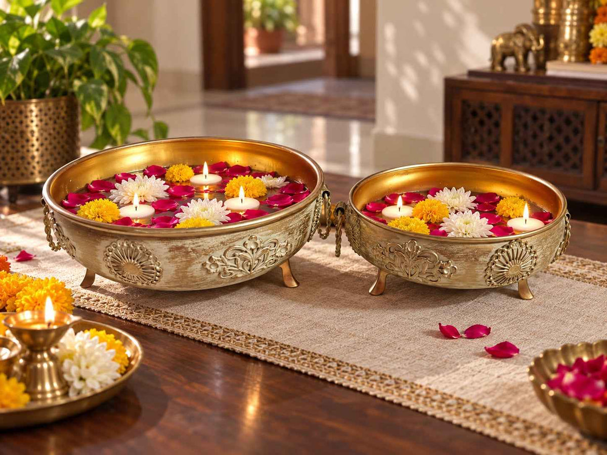 Antique Metal Urli Bowls, Set of 2 (6" & 8") – Floating Flowers & Candles