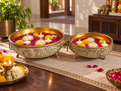 Antique Metal Urli Bowls, Set of 2 (6" & 8") – Floating Flowers & Candles