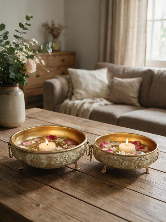 Antique Metal Urli Bowls, Set of 2 (6" & 8") – Floating Flowers & Candles