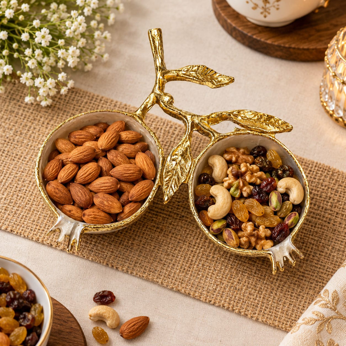 Pomegranate Shaped Double Bowl | Gold Dry Fruit Serving Dish