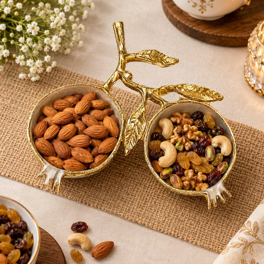 Pomegranate Shaped Double Bowl | Gold Dry Fruit Serving Dish