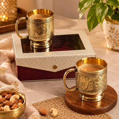 Brass Mugs Set of 2 Floral Etching Design Gift Set of 2