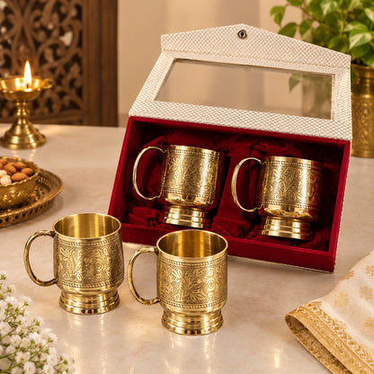 Brass Mugs Set of 2 Floral Etching Design Gift Set of 2