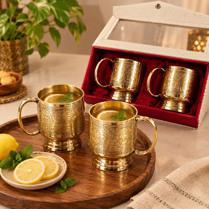 Brass Mugs Set of 2 Floral Etching Design Gift Set of 2