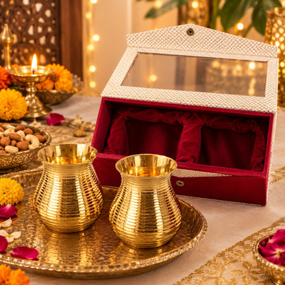 Brass Kullad Glass Set of 2 | Ribbed Design Gift Box Set