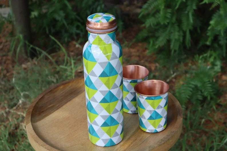 Modern Abstract Triangular Design - 100% Pure Copper Bottle Set with 2 Glasses