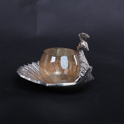 Silver Peacock Shaped T-Light Diya Holder