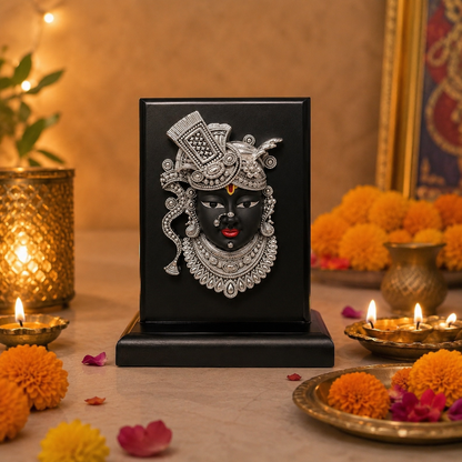 999 Pure Silver Lord ShriNath Ji Idol on Wooden Base for Home & Office
