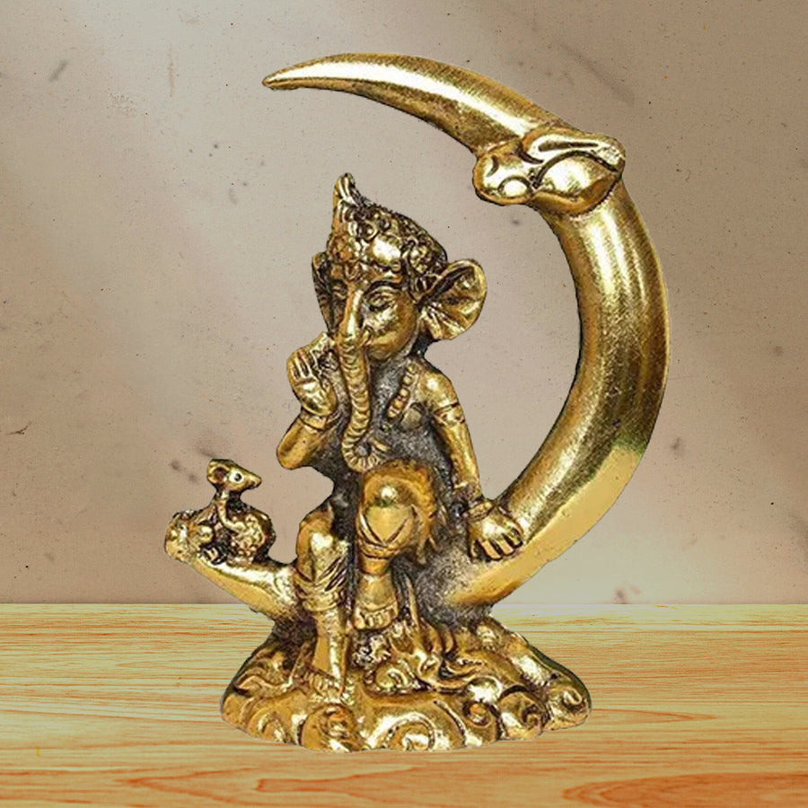 Metal Ganesh Idol on Moon | Table Decor Showpiece