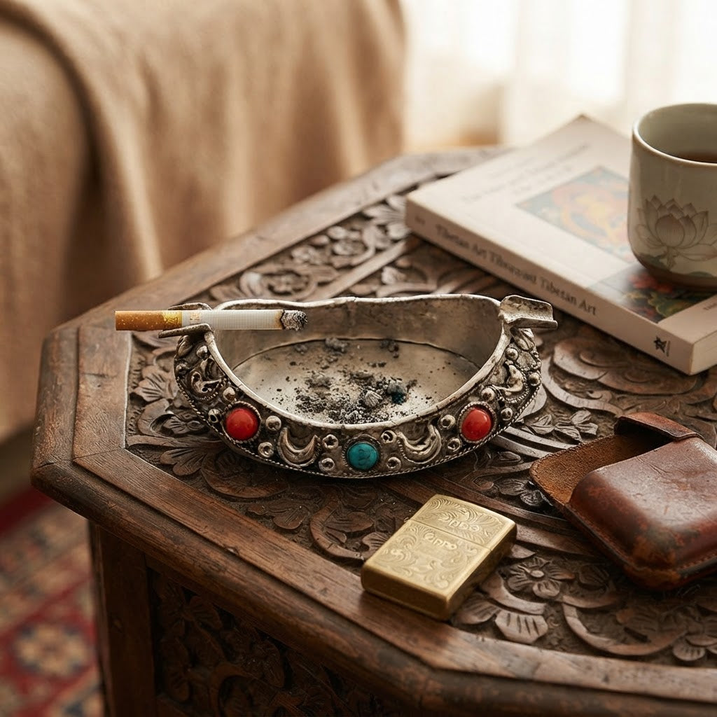 Silver Plated Tibetan Style Ashtray with Red & Turquoise Stones – Handcrafted Boat Shape Decorative Ashtray for Home & Office