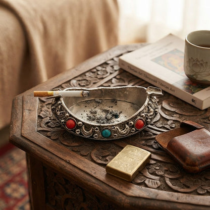 Silver Plated Tibetan Style Ashtray with Red & Turquoise Stones – Handcrafted Boat Shape Decorative Ashtray for Home & Office