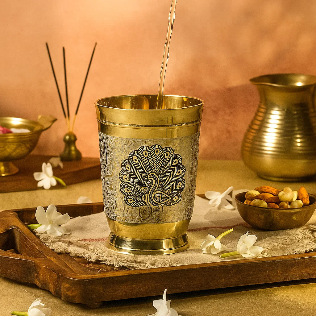 Pure Brass Water Glass Set with Peacock Moor Engraved Design – Handcrafted Traditional Lassi Decorative Drinkware – Ayurvedic Metal Tumbler for Daily Use – Gold Finish, 250 ML