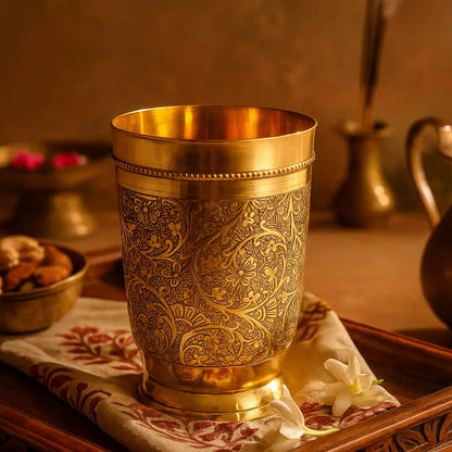 Brass Drinking Glass 250 ml | Floral Engraved Traditional Serving Tumbler for Home, Kitchen & Gifting