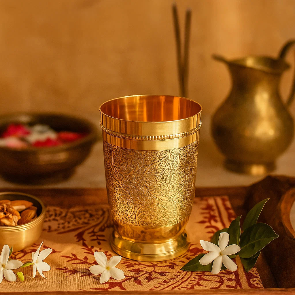 Brass Drinking Glass 250 ml | Floral Engraved Traditional Serving Tumbler for Home, Kitchen & Gifting