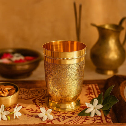 Brass Drinking Glass 250 ml | Floral Engraved Traditional Serving Tumbler for Home, Kitchen & Gifting