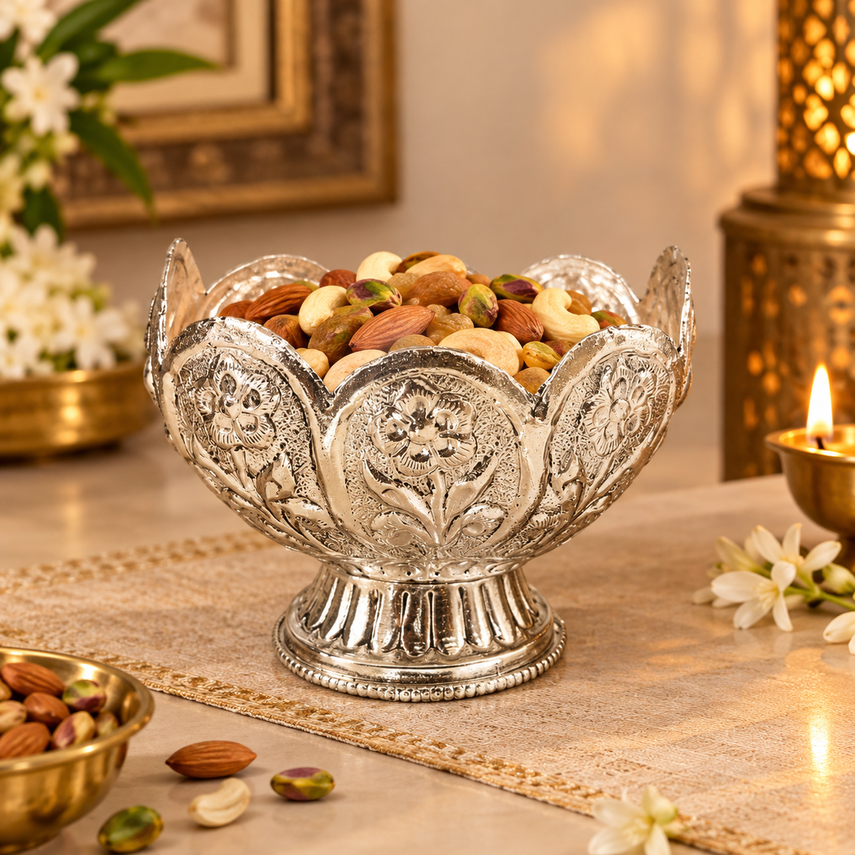 Silver Plated Floral Embossed Dry Fruit Bowl Set of 2 – Handcrafted Scalloped Footed Bowl for Diwali Gifting & Festive Decor