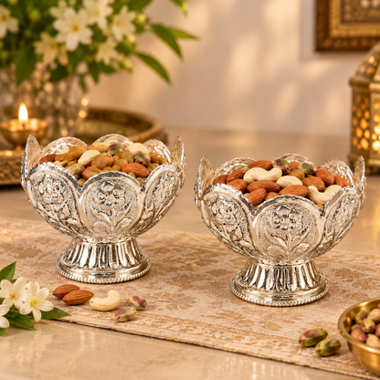 Silver Plated Floral Embossed Dry Fruit Bowl Set of 2 – Handcrafted Scalloped Footed Bowl for Diwali Gifting & Festive Decor
