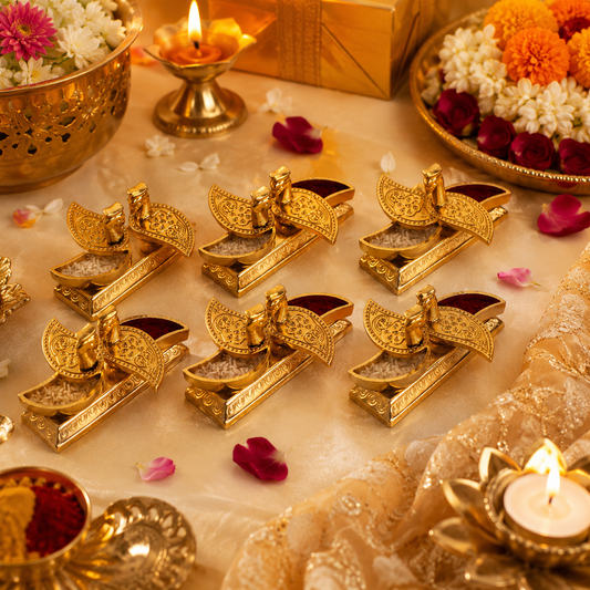 Gold Plated Peacock Kumkum & Rice Holder for Pooja (Set of 6)