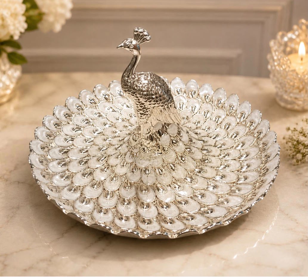 Luxury Silver Peacock Jewellery Organizer Tray | Elegant Centerpiece for Home Décor & Festive Gifting