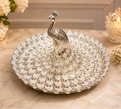 Luxury Silver Peacock Jewellery Organizer Tray | Elegant Centerpiece for Home Décor & Festive Gifting