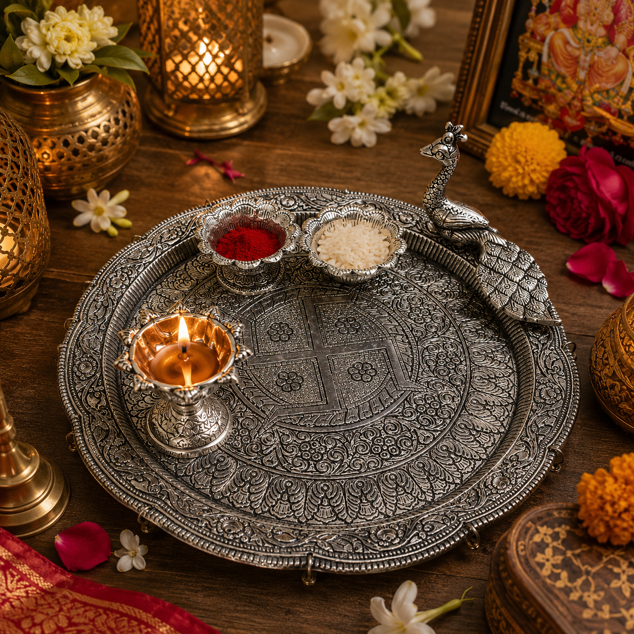 German Silver Peacock Pooja Thali Set | Traditional Designer Puja Thali for Diwali, Festive Worship & Gifting