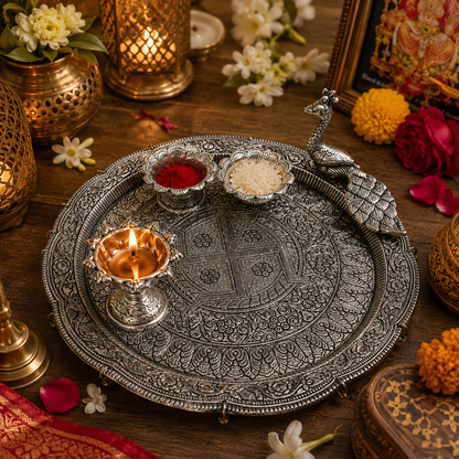German Silver Peacock Pooja Thali Set | Traditional Designer Puja Thali for Diwali, Festive Worship & Gifting