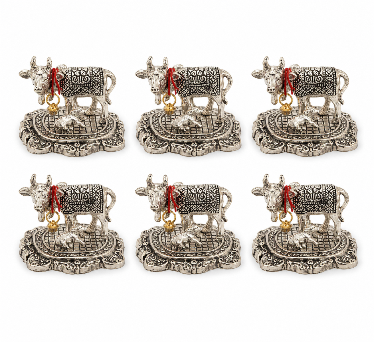 German Silver plated Kamdhenu Cow Idol with Calf (set of 6)