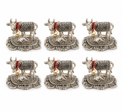 German Silver plated Kamdhenu Cow Idol with Calf (set of 6)