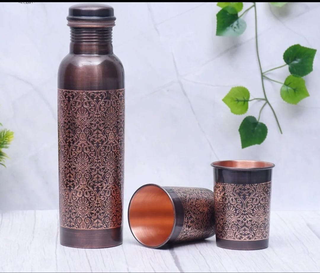 Traditional Indian Pattern Design  - 100% Pure Copper Bottle Set with 2 Glasses