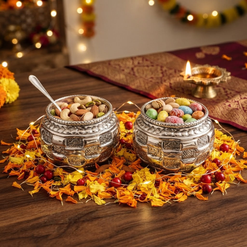 Silver Plated Basket Weave Pot Shaped Decorative Bowl set of 2 – Handcrafted Matki Style Tealight Holder & Multipurpose Organiser