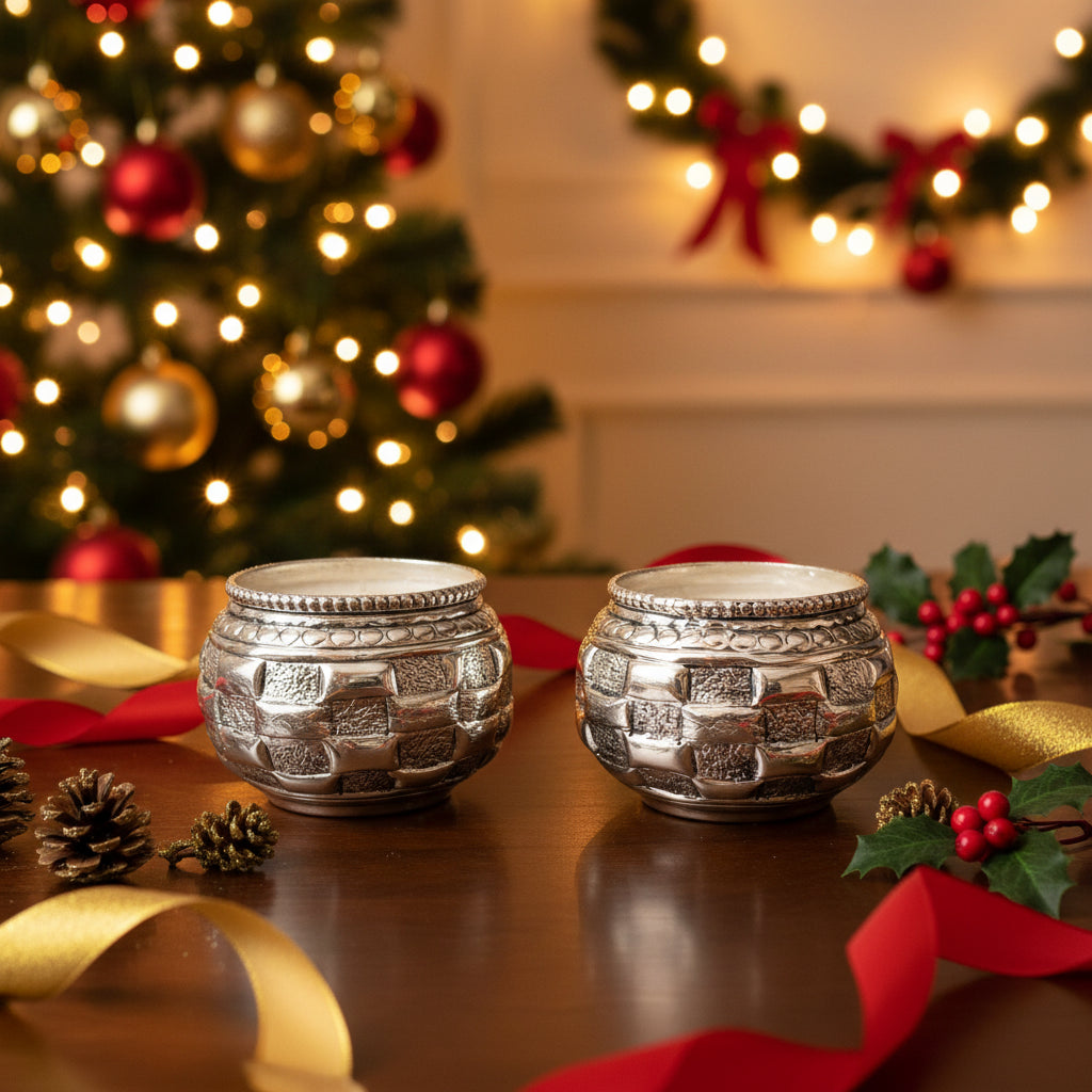 Silver Plated Basket Weave Pot Shaped Decorative Bowl set of 2 – Handcrafted Matki Style Tealight Holder & Multipurpose Organiser