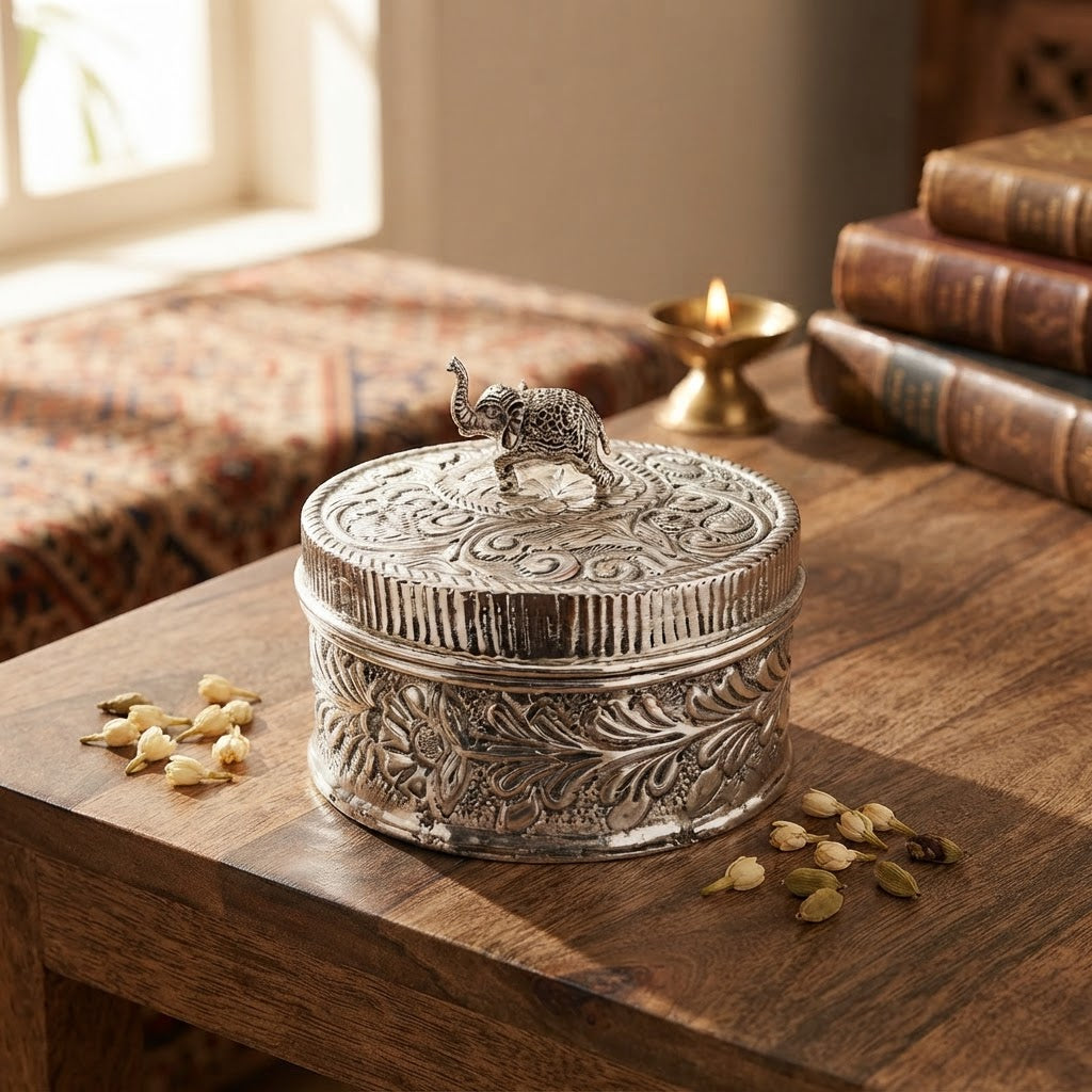 Silver Plated Elephant Knob Round Box with Lid – Handcrafted Embossed Dry Fruit, Roli Chawal & Multipurpose Storage Box