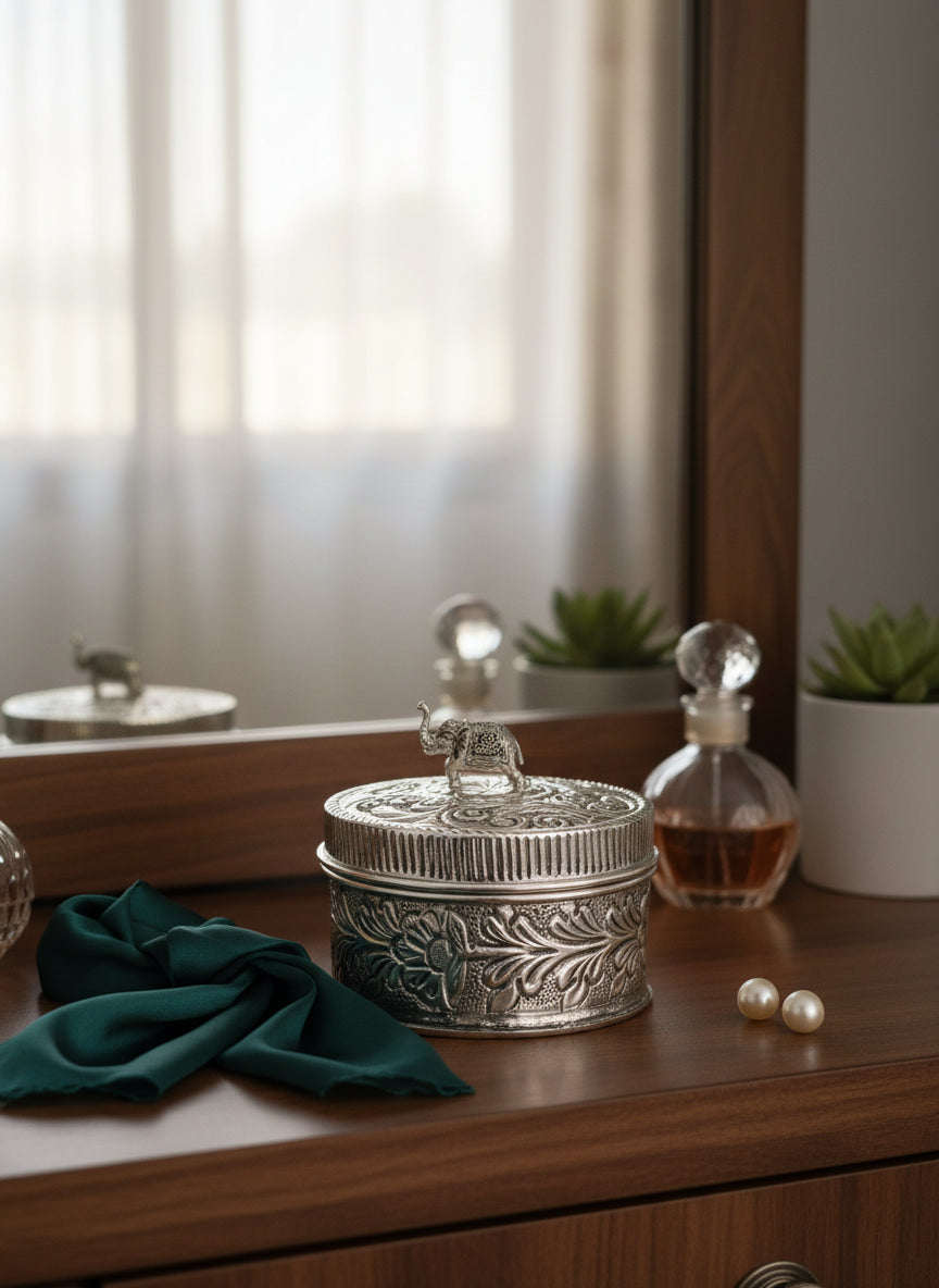 Silver Plated Elephant Knob Round Box with Lid – Handcrafted Embossed Dry Fruit, Roli Chawal & Multipurpose Storage Box