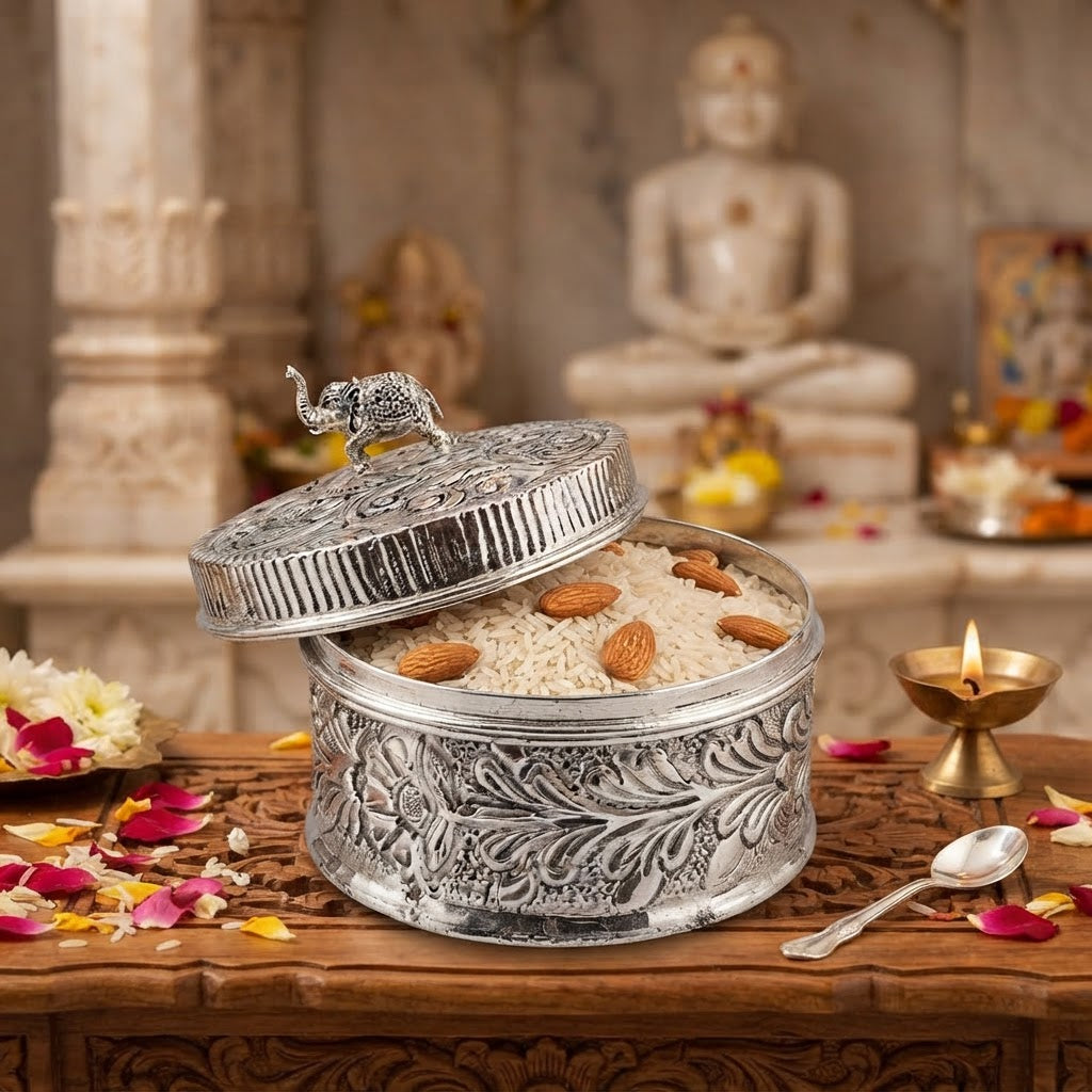 Silver Plated Elephant Knob Round Box with Lid – Handcrafted Embossed Dry Fruit, Roli Chawal & Multipurpose Storage Box